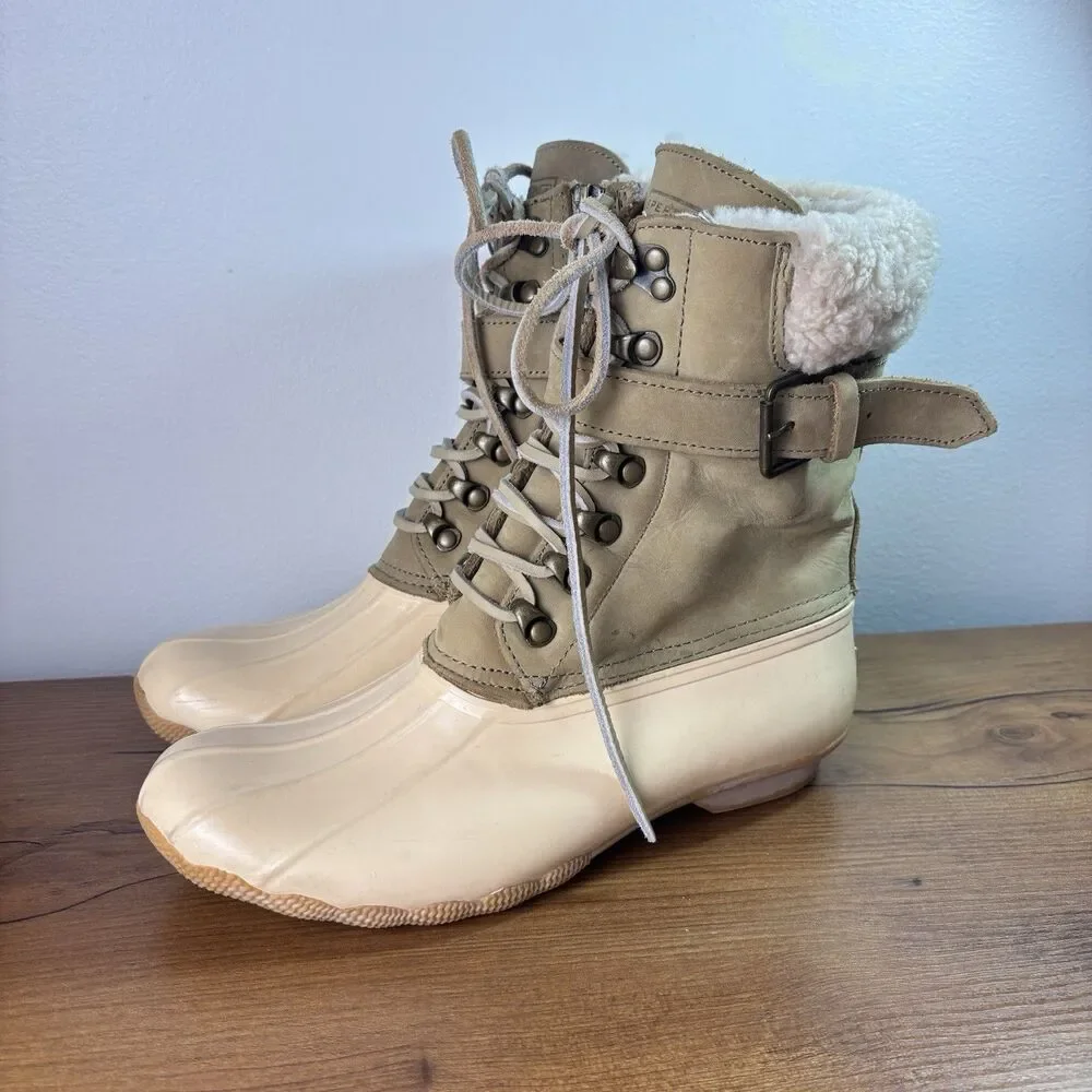 Sperry J. Crew Shearwater Duck Boots 100% Wool Lining Women's Size 8 Ivory